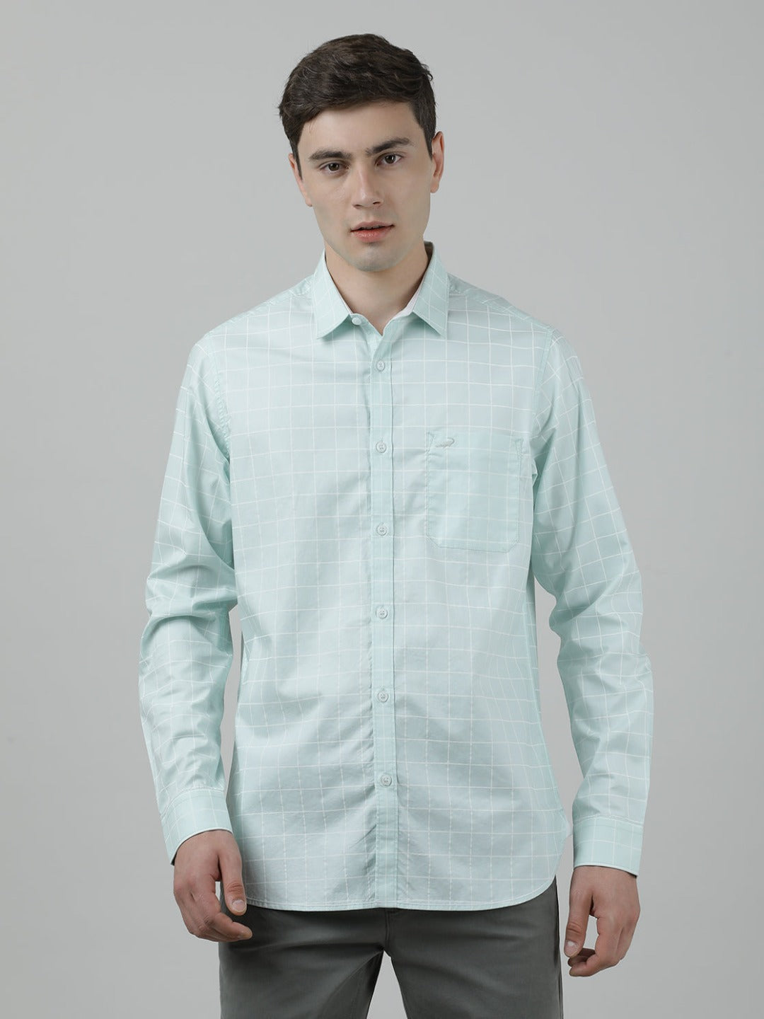 Casual Green Full Sleeve Comfort Fit Checks Shirt with Collar for Men