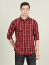 Man wearing a red red checked full sleeve casual 100% cotton shirt with casual styling on a gray background