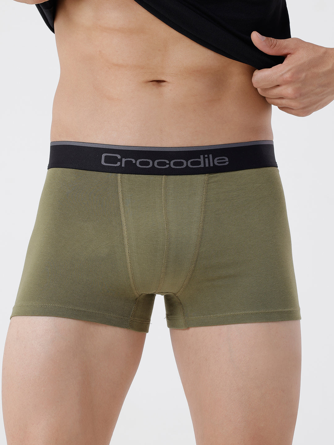 Green boxer briefs with a black waistband featuring 'Crocodile' branding on a plain background.