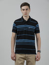 Man wearing a black casual striped polo t shirt black on a light gray background