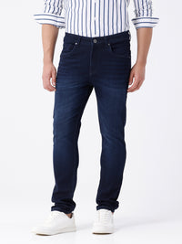 Slim Fit Dark Blue Knitted Denim Jeans Offering Stretch Comfort And Classic 5-Pocket Styling