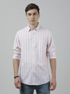 Man wearing a pink pink striped full sleeve 100% cotton shirt on a light gray background