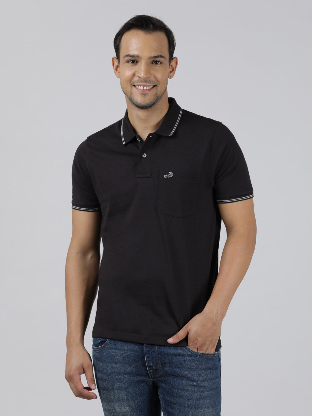 Buy Casual Polo T Shirt Solid Black with Pocket Crocodile