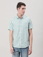 Casual Aqua Blue Half Sleeve Comfort Fit Checks Shirt with Collar for Men