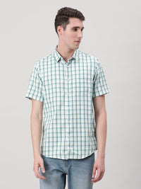 Aqua Blue Checked Half Sleeve 100% Cotton Shirt