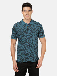 Printed Teal Blue Casual Polo T-Shirt