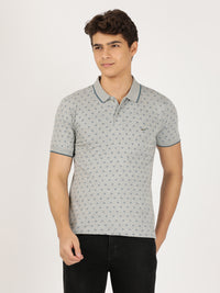 Grey Melange Casual Printed Polo T-Shirt