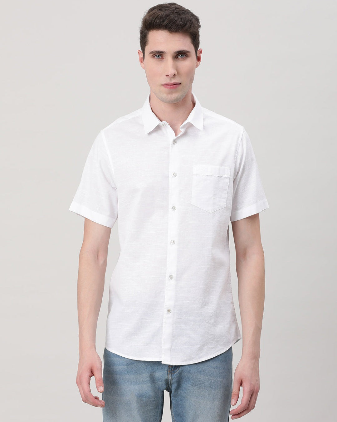 Casual Half Sleeve Comfort Fit Textured plain shirt White with Collar