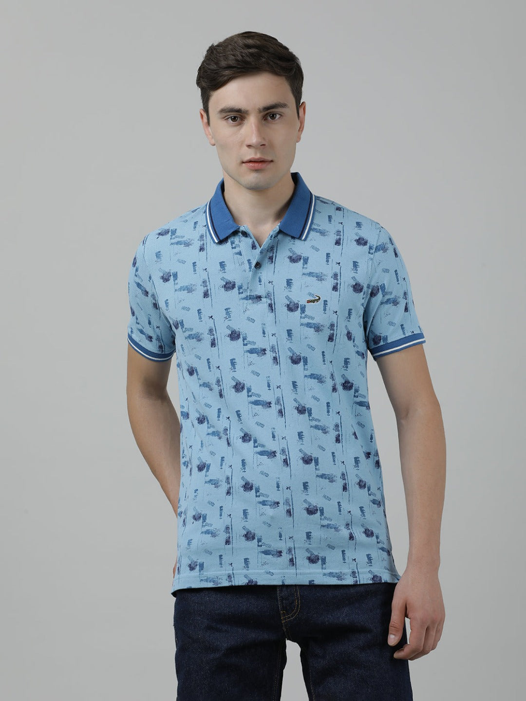 Casual Light Blue T-Shirt Polo Printed Half Sleeve Slim Fit with Collar for Men