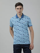 Casual Light Blue T-Shirt Polo Printed Half Sleeve Slim Fit with Collar for Men