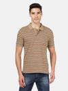 Man wearing a brown light brown striped polo t shirt with casual styling on a gray background