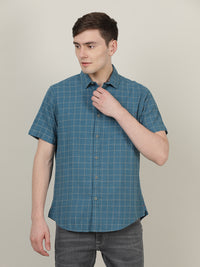 Grey Melange Checked Half Sleeve 100% Cotton Shirt