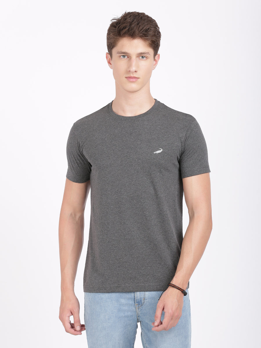 Buy Charcoal Melange Grey Casual Solid T-Shirt – Crocodile