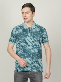 Teal Blue Casual Printed Polo T-Shirt