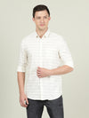 Man wearing a white white striped full sleeve 100% cotton casual shirt on a light gray background
