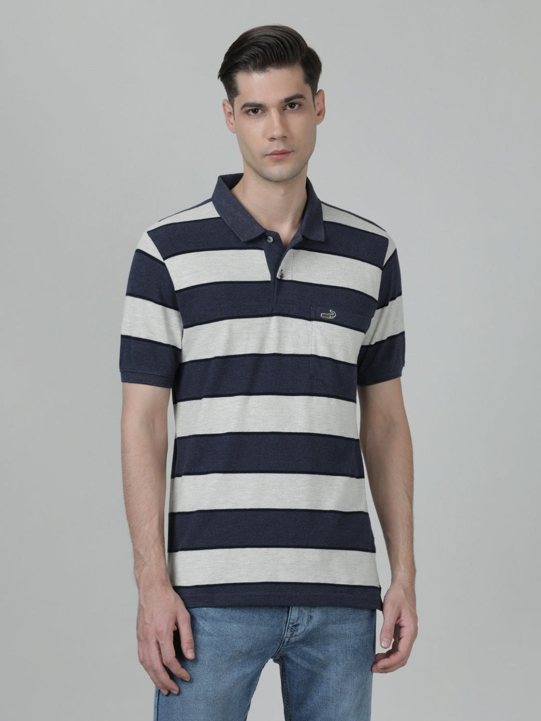 Casual Stripes Slim Fit Half Sleeve Navy Polo T-shirt with Collar