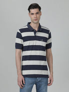 Casual Stripes Slim Fit Half Sleeve Navy Polo T-shirt with Collar