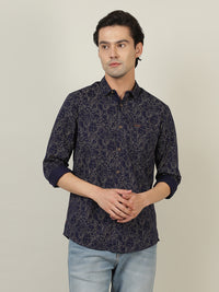 Navy Casual Printed Full Sleeve 100% Cotton Shirt