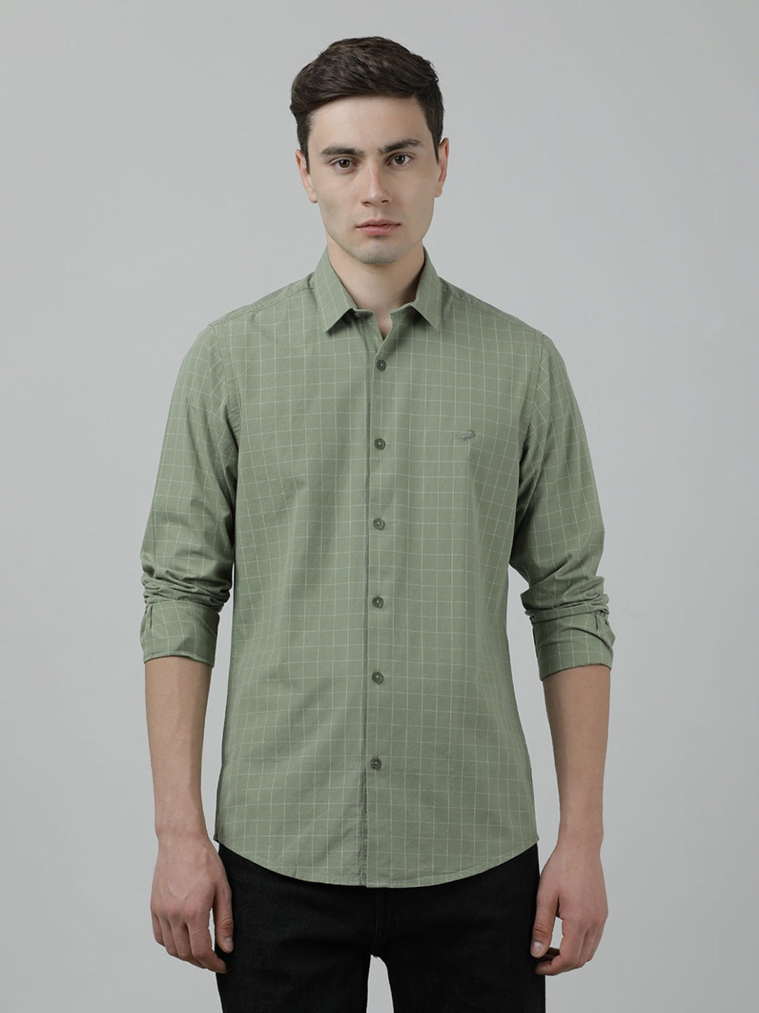 Casual Full Sleeve Slim Fit Checked Shirt Olive for Men