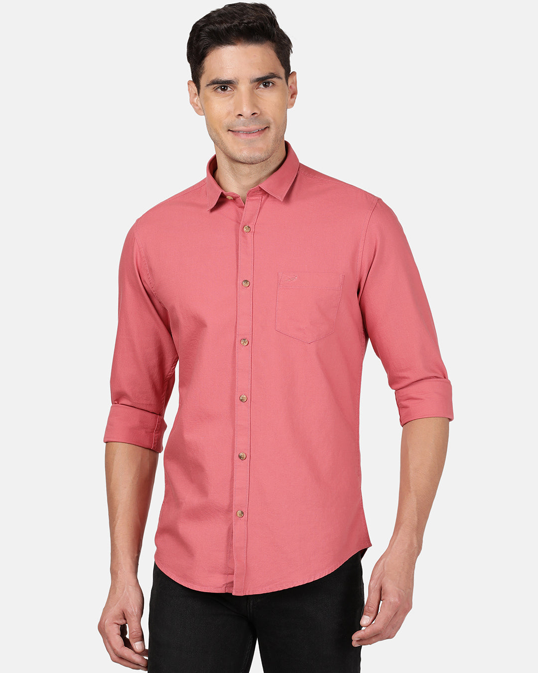 Crocodile Casual Full Sleeve Slim Fit Solid Coral with Collar Shirt for Men