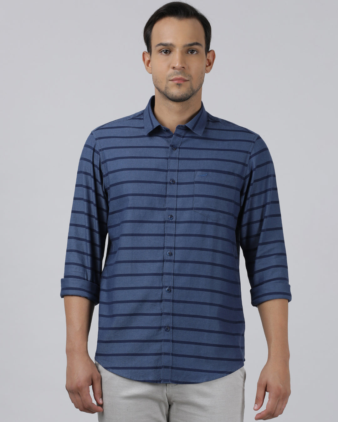 Casual Navy Full Sleeve Regular Fit Stripe Shirt with Collar for Men