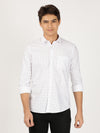 Man wearing a white printed white full sleeve 100% cotton casual shirt with casual styling on a gray background