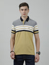 Man wearing a khaki light khaki striped casual polo t shirt on a light gray background