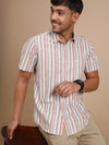 Man wearing a red multi red striped half sleeve 100% cotton shirt with casual styling on a gray background