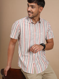 Multi Red Striped Half Sleeve 100% Cotton Shirt