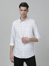 Man wearing a white white checked full sleeve 100% cotton casual shirt with casual styling on a gray background