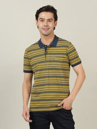 Casual Olive Green Striped Polo T-Shirt