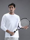 Man wearing a white casual white solid t shirt on a light gray background