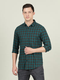 Dark Teal Blue Checked Full Sleeve 100% Cotton Casual Shirt