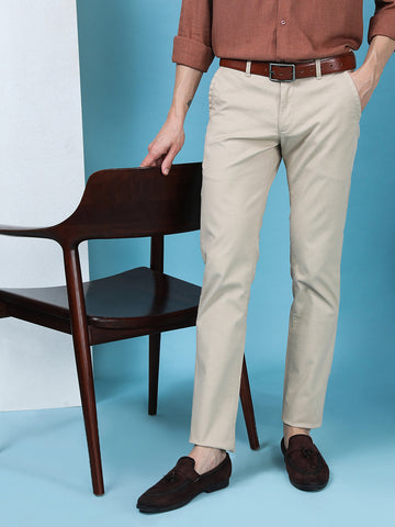 Textured Cotton Blend Stretch Trouser Beige