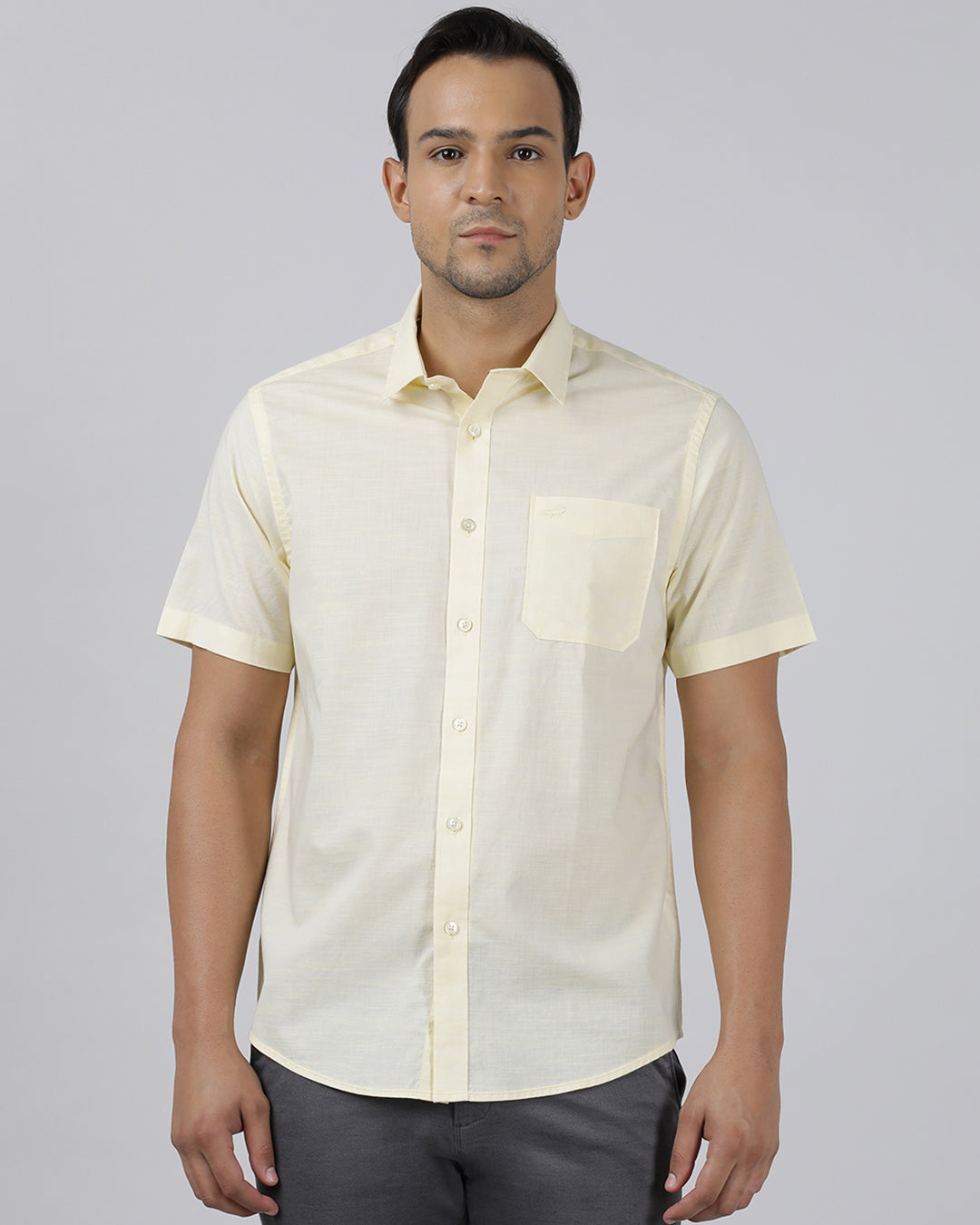 Casual Yellow Half Sleeve Regular Fit Solid Shirt with Collar for Men