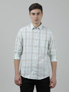 Man wearing a green checked green full sleeve 100% cotton casual shirt on a light gray background