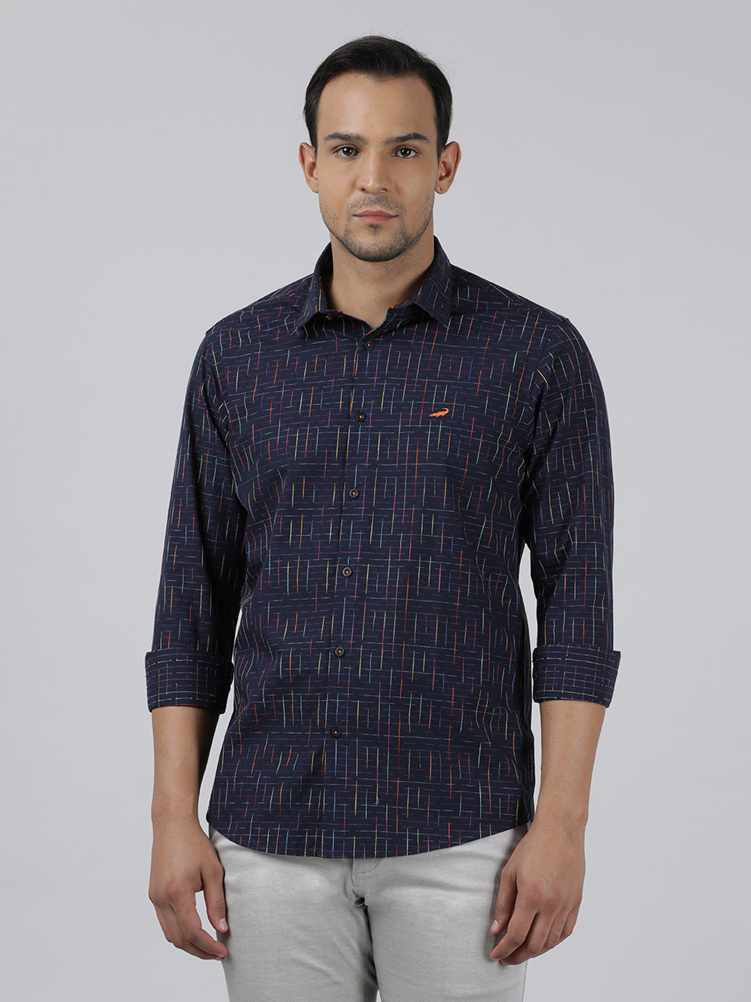 Casual Navy Full Sleeve Regular Fit Print Shirt with Collar for Men