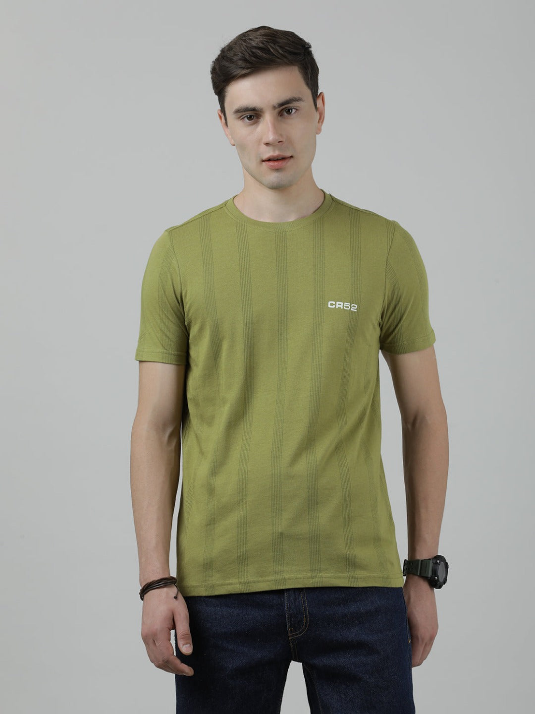 Casual Crew Neck Olive Printed T-Shirt Half Sleeve Slim Fit Jersey with Collar for Men