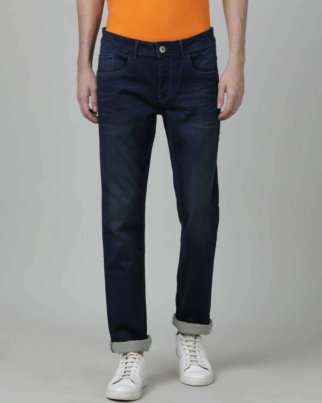 Casual Solid Slim Fit Cotton Medium Blue Denim Jean for Men