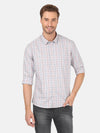 Man wearing a grey grey casual checked full sleeve shirt with casual styling on a gray background