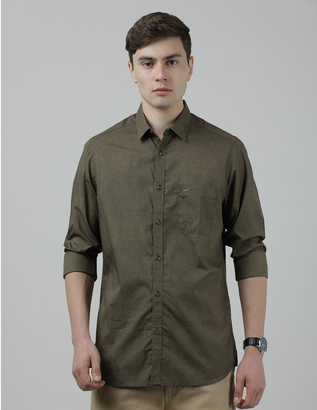 Casual Green Full Sleeve Comfort Fit Printed Shirt with Collar for Men