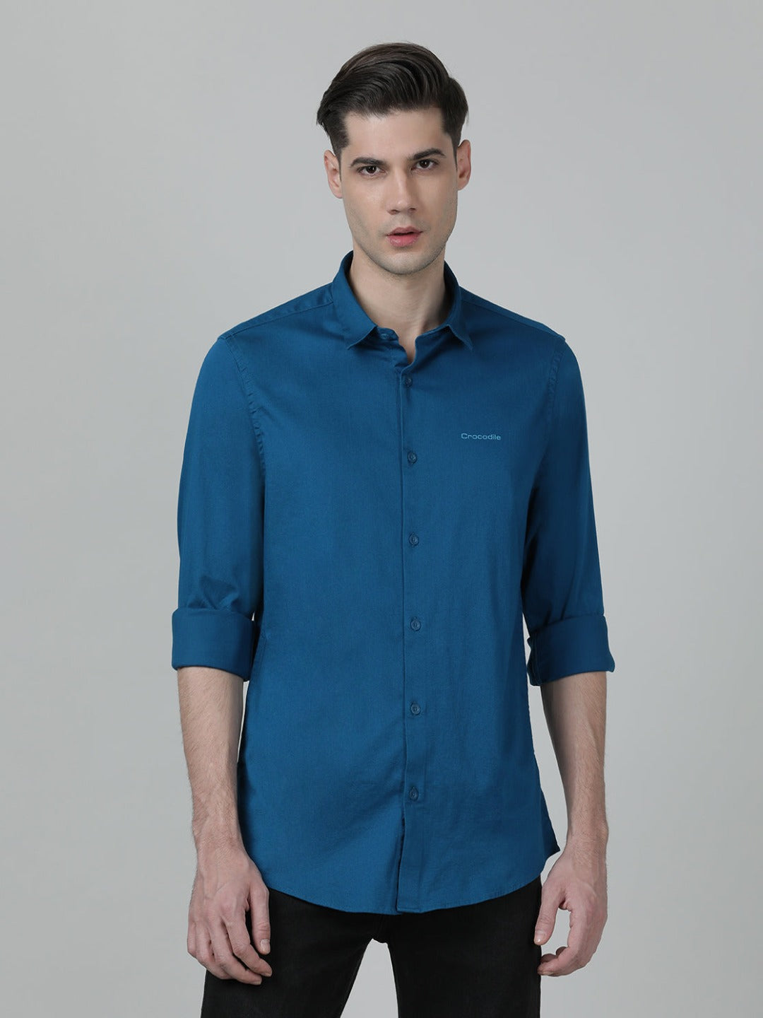 Casual Solid Slim Fit Full Sleeve Racer Blue Shirt with Collar