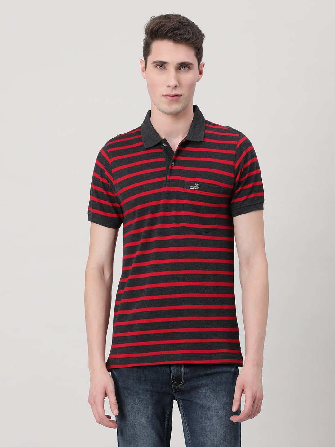 Casual Red T-Shirt Striper Half Sleeve Slim Fit with Collar