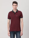 Man wearing a red casual red striped polo t shirt with casual styling on a gray background