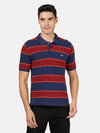 Man wearing a blue navy blue striped polo t shirt with casual styling on a gray background