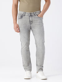 Slim Fit Light Grey Knitted Denim Jeans With Natural Fade Wash And Stretch Comfort