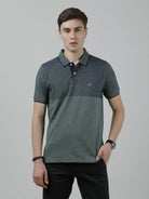 Casual Green T-Shirt Engineering Stripes Jacquard Half Sleeve Slim Fit with Collar for Men