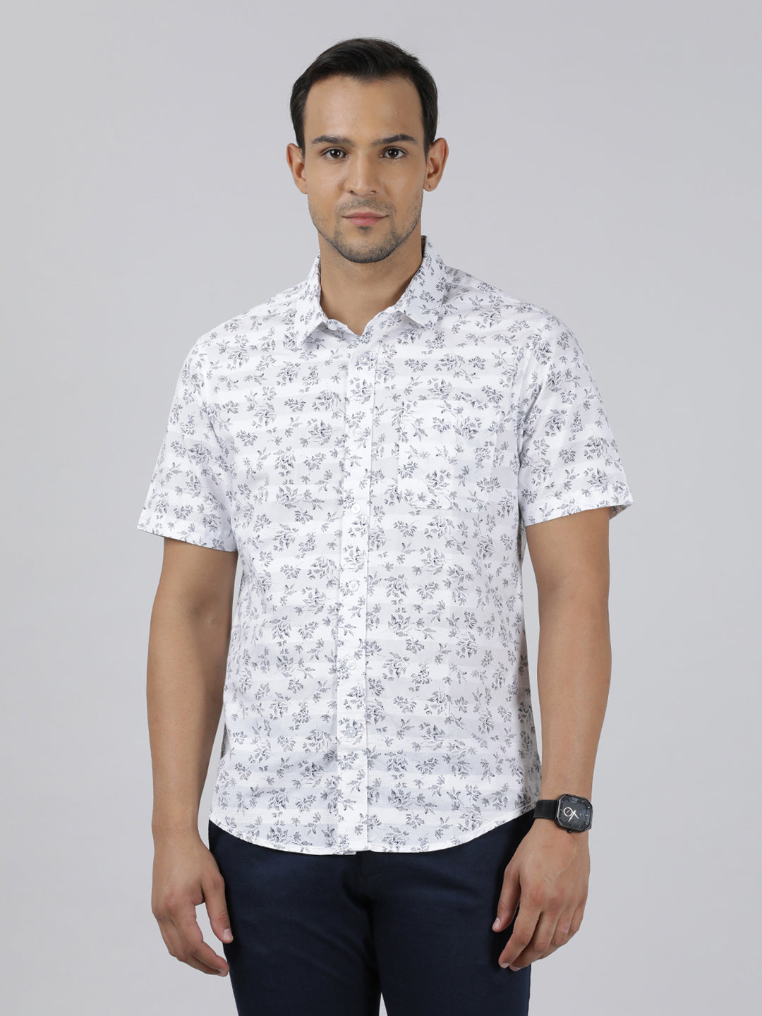 Casual White Half Sleeve Regular Fit Print Shirt with Collar for Men