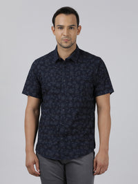 Navy Printed Half Sleeve 100% Cotton Casual Shirt