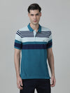 Man wearing a blue casual blue striped polo t shirt with casual styling on a gray background